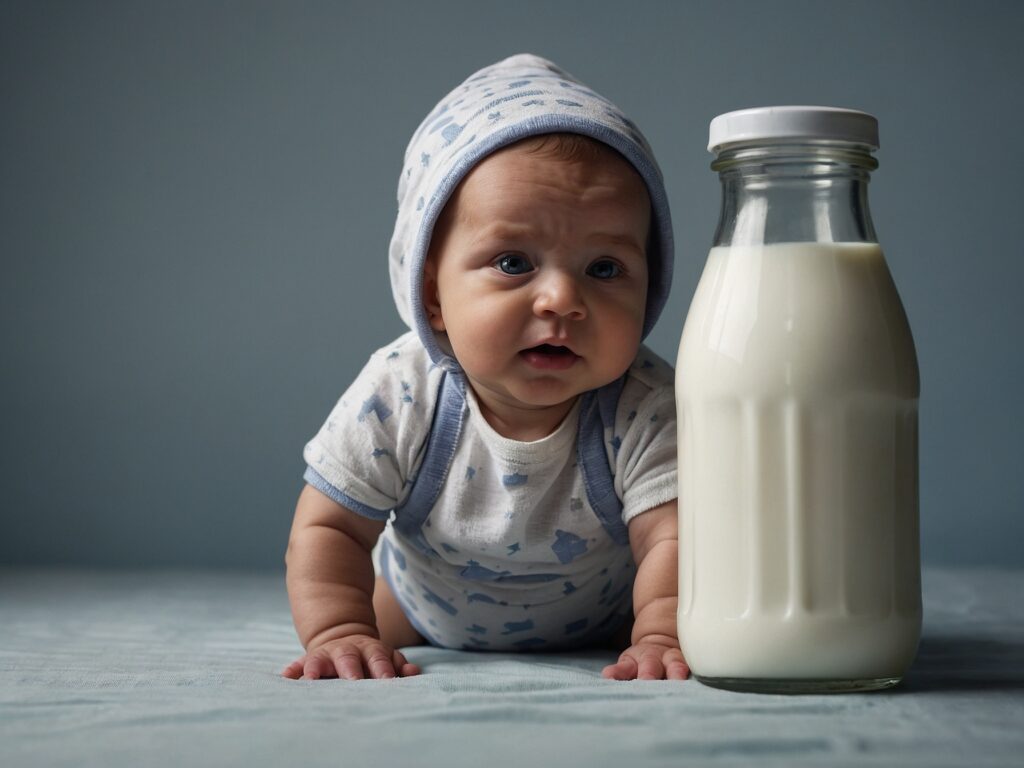 bebelus cu o sticla de lapte