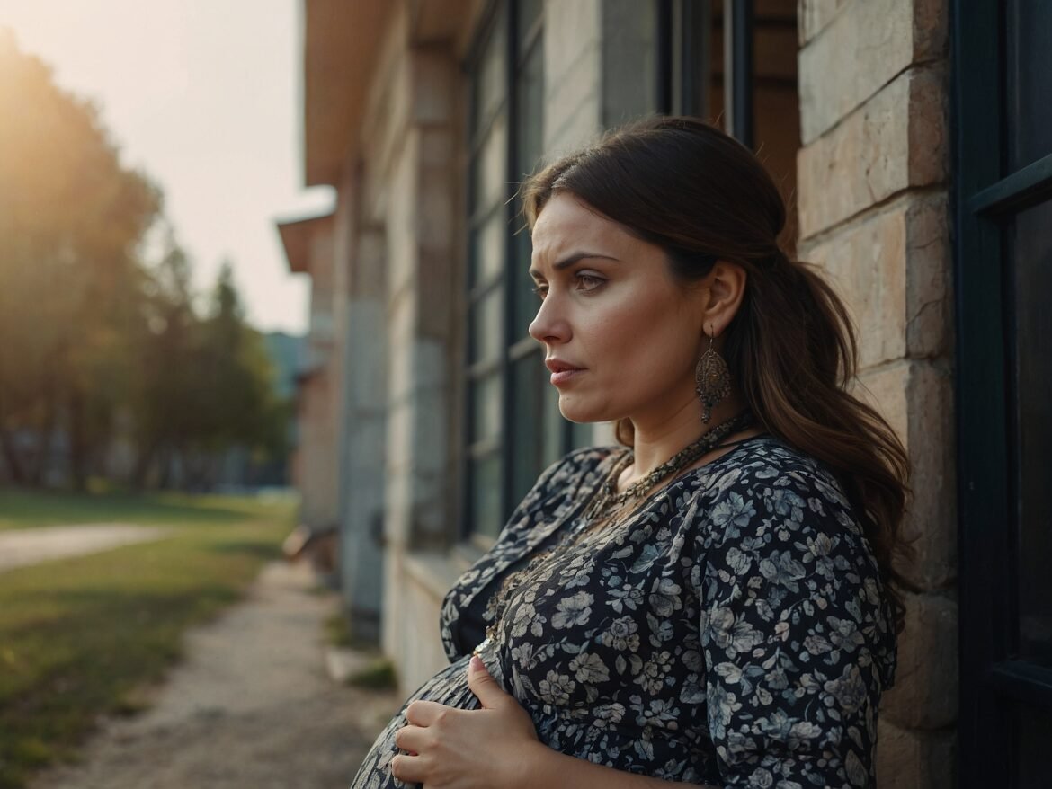 Femeie insarcinata asteptand afara