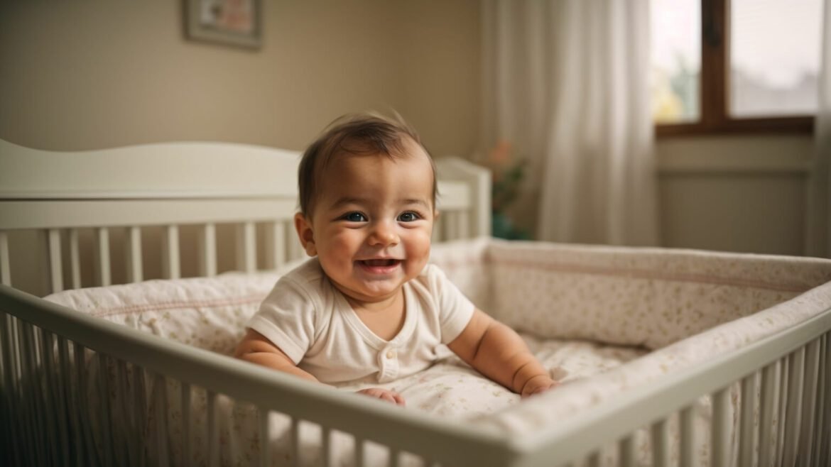 un bebe care zambeste in patut